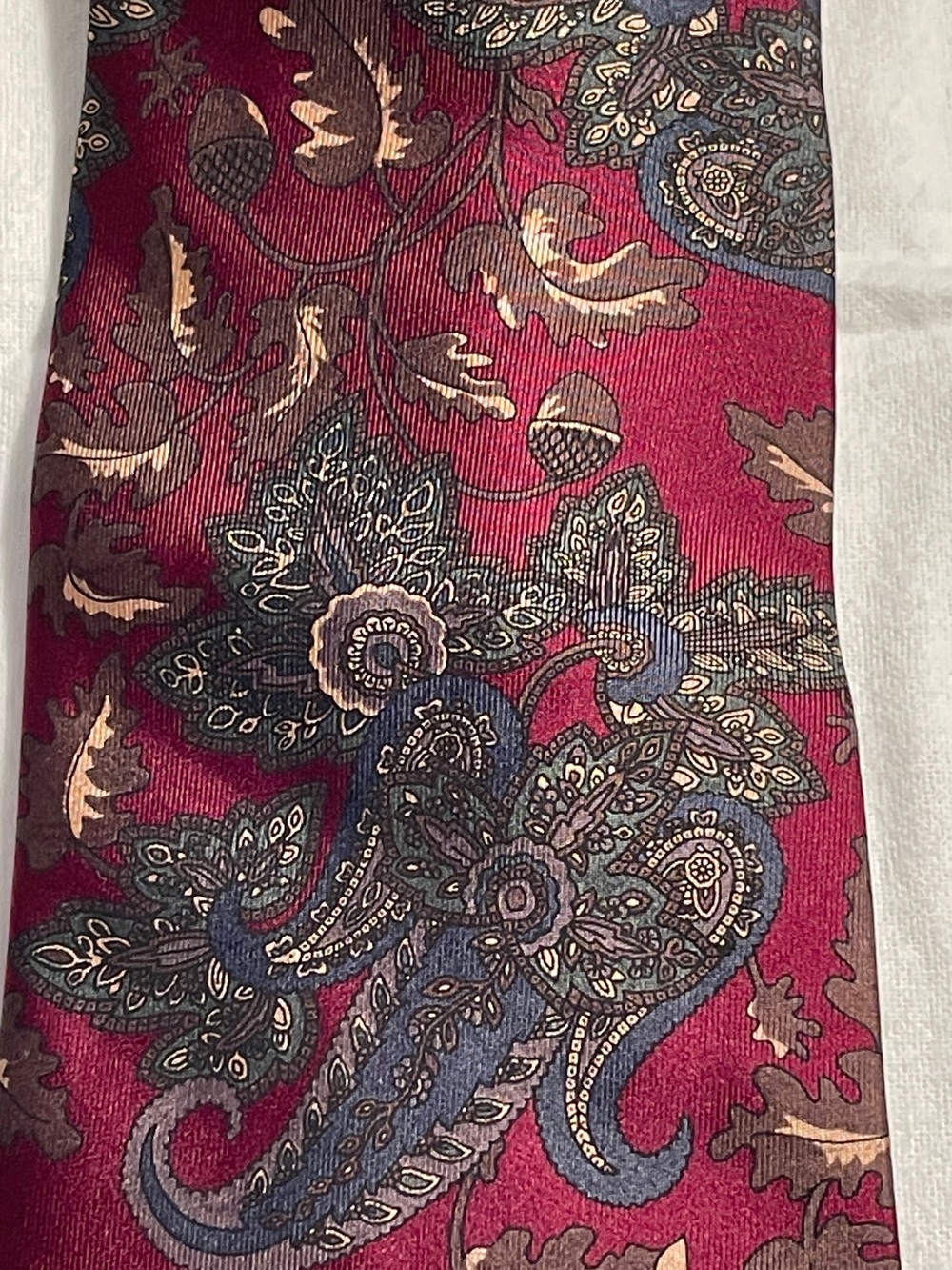 bill blass Burgundy Paisley Silk Tie with Blue and Gold Accents